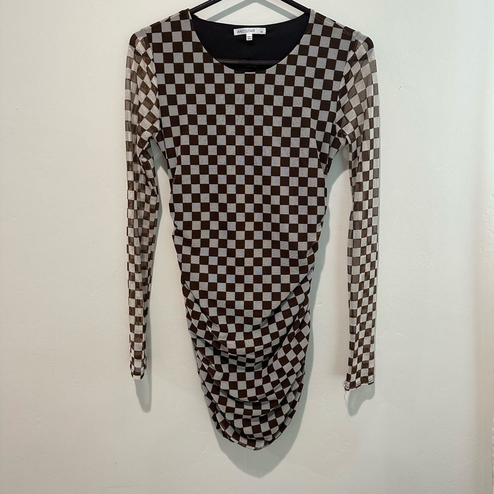 Brown checkered mesh mini dress